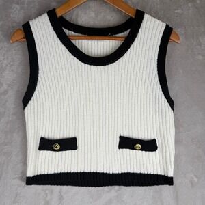 Aster Womens Ribbed Knit‎ Sweater Vest Cream Black Gold Button Trim Large
